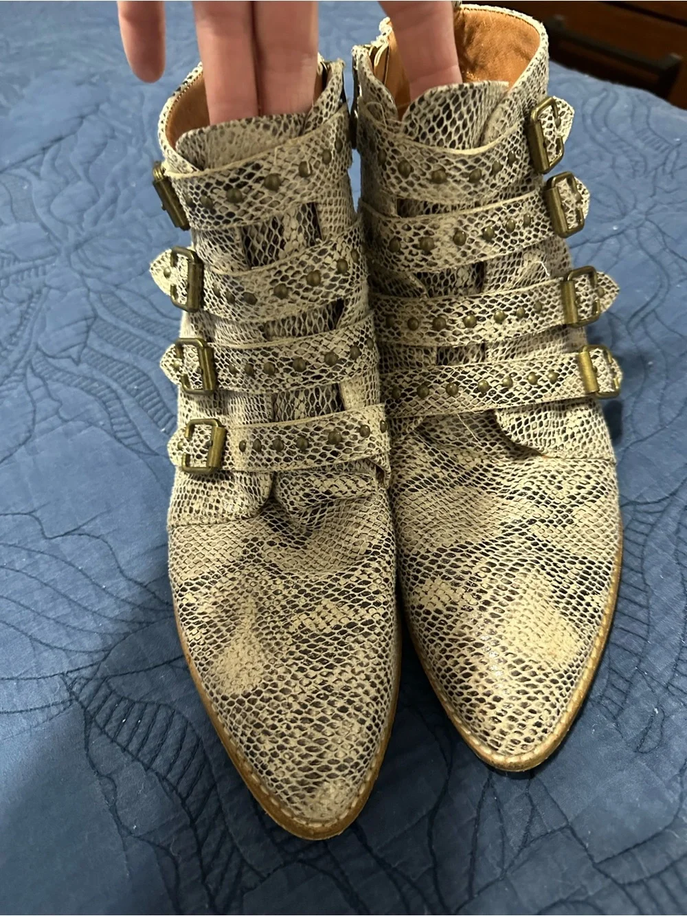 BEAST FASHION Snake-Print Buckle Ankle Boots in Beige size 11